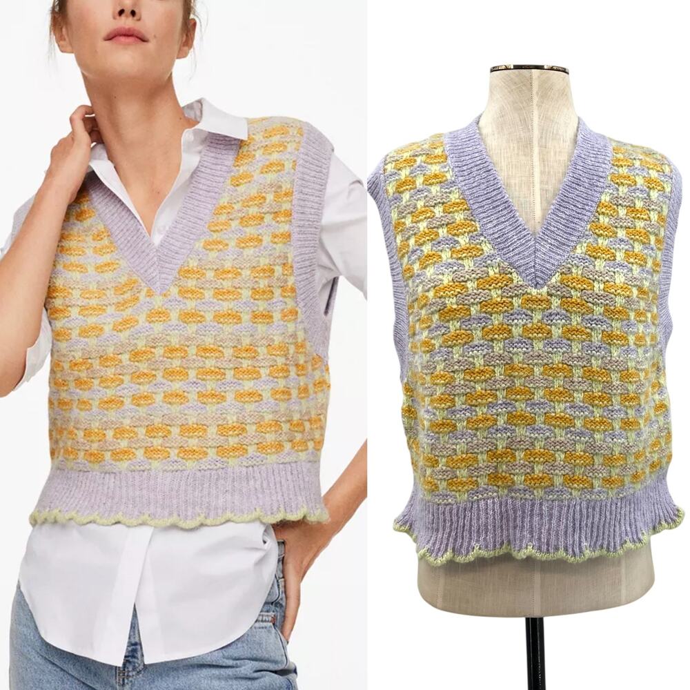 Mango Knit Sweater Vest Scallop Hem Pastel Purple Yellow Size Small